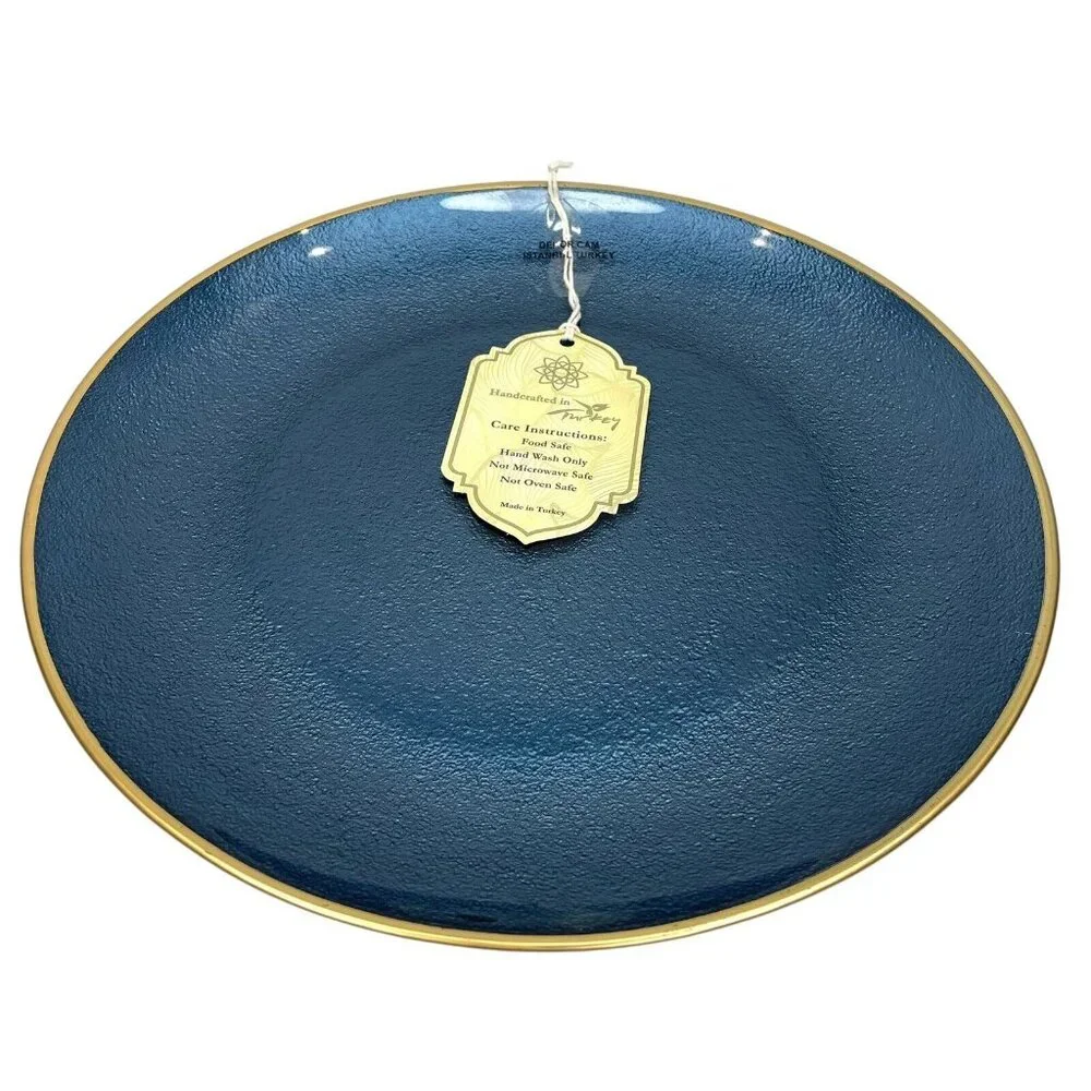 Turkish Glass 4 Entree Dinner Plates Set Blue Textured Gold Rim 11